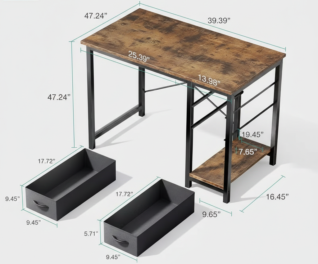 40/47 Inch Computer Desk with Fabric Storage Drawers, Modern Home Office Table