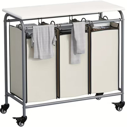 3-Bag Heavy Duty Rolling Laundry Sorter Cart with Ironing Board