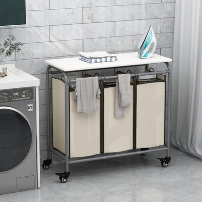 3-Bag Heavy Duty Rolling Laundry Sorter Cart with Ironing Board