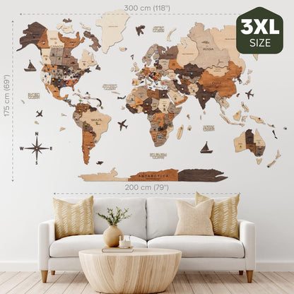 3D Wooden World Map Multicolor